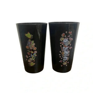 Ed Hardy Black Tall Drinking Glasses 16oz Set of 2 Butterflies and Skulls